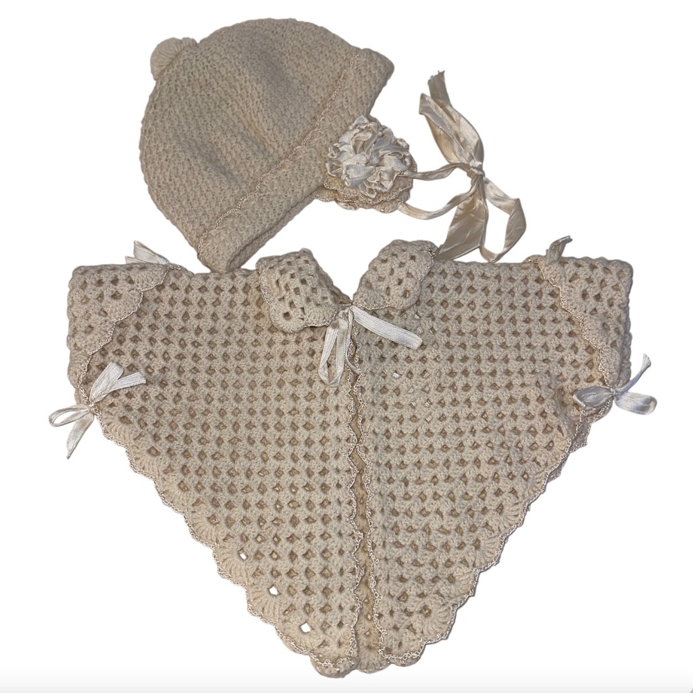Vintage Handmade Crochet Infant Baby Or Doll Set: Sweater Hat Beige Ribbon